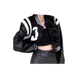 網上訂購美式甜酷風辣妹PU皮棒球服     設計拼接棒球服女春秋    ins潮寬鬆短款外套夾克上衣    Y2K  千禧風  複古棒球外套   复古时尚  SKBJ027 網上訂購美式甜酷風辣妹PU皮棒球服     設計拼接棒球服女春秋    ins潮寬鬆短款外套夾克上衣    Y2K  千禧風  複古棒球外套   复古时尚  SKBJ027